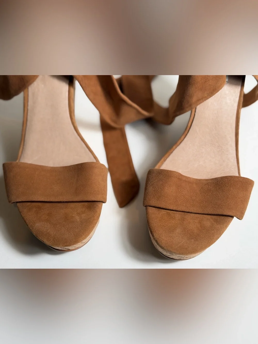 Saks Fifth Avenue~Cognac~Suede Leather Wrap~Cork~Wedge~Platform~Sandal~Size 9.5